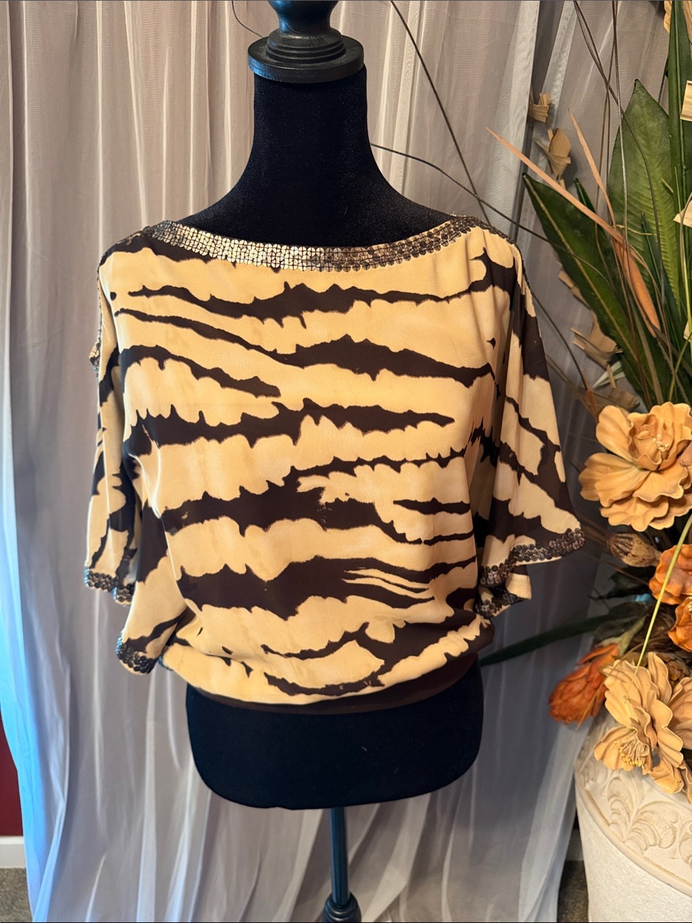Embellished Boatneck Zebra-Print Blouse in Cream and Black